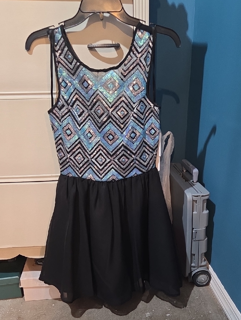 Love Reign Black Dress with Blue Sequin Geometric Bodice